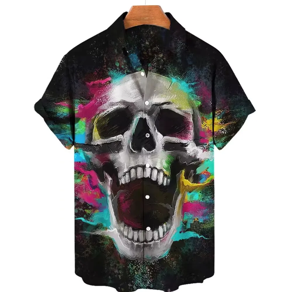 

Unisex Fashion Skull Floral Men's Shirt Funny Skull 3D Print Street Short Sleeve Hawaiian Shirt Printed Lapel Men's Shirt