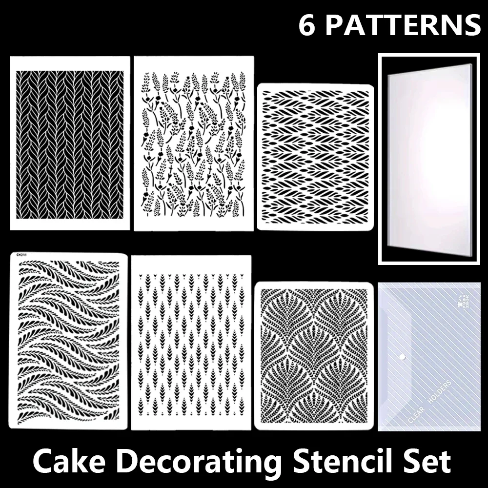 6-Piece Cake Decorating Stencil Template Set, Background Texture & Pattern Combo Style, with Cake Scraper and Storage Bag