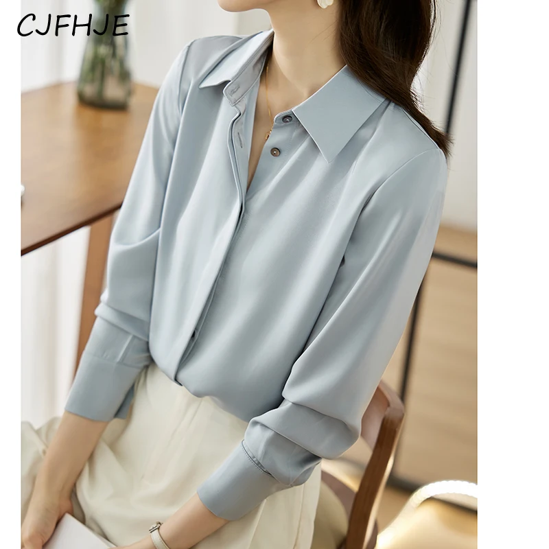 

CJFHJE New Hidden Button Up Satin Shirts Women Long Sleeve Spring Autumn Tops Commute White Black Office Ladies Elegant Blouse