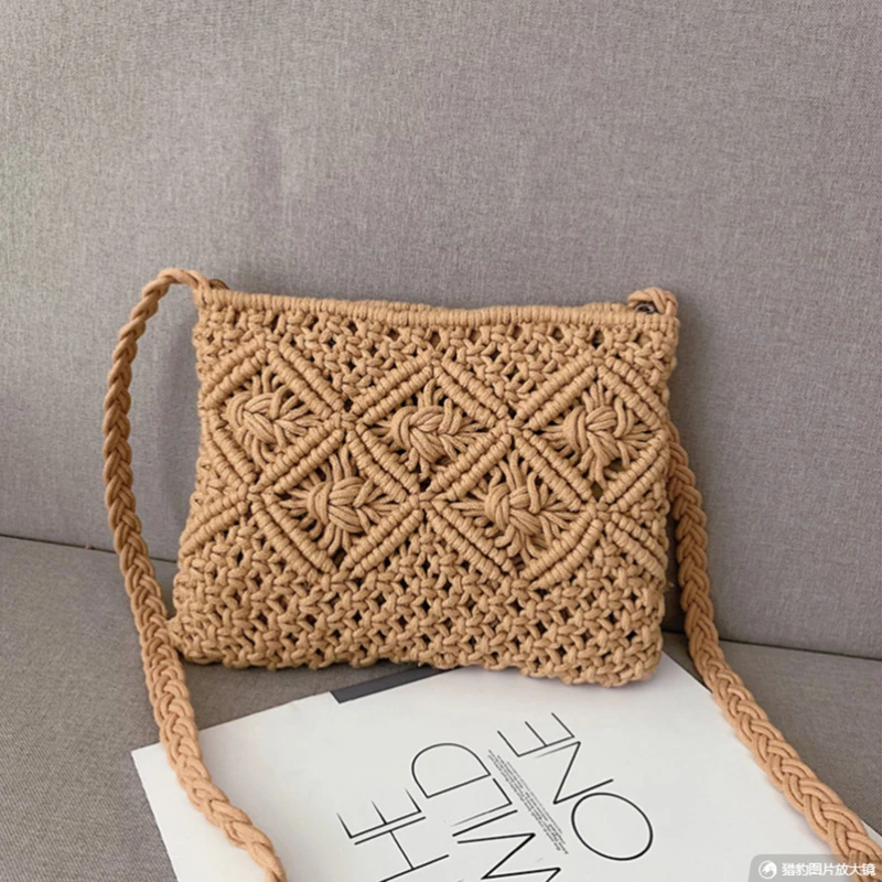 1PC New Simple Summer Beach Seaside Shoulder Bag Oblique Cross Bag Clutch Tassel Cotton Rope Bag Woven Bag