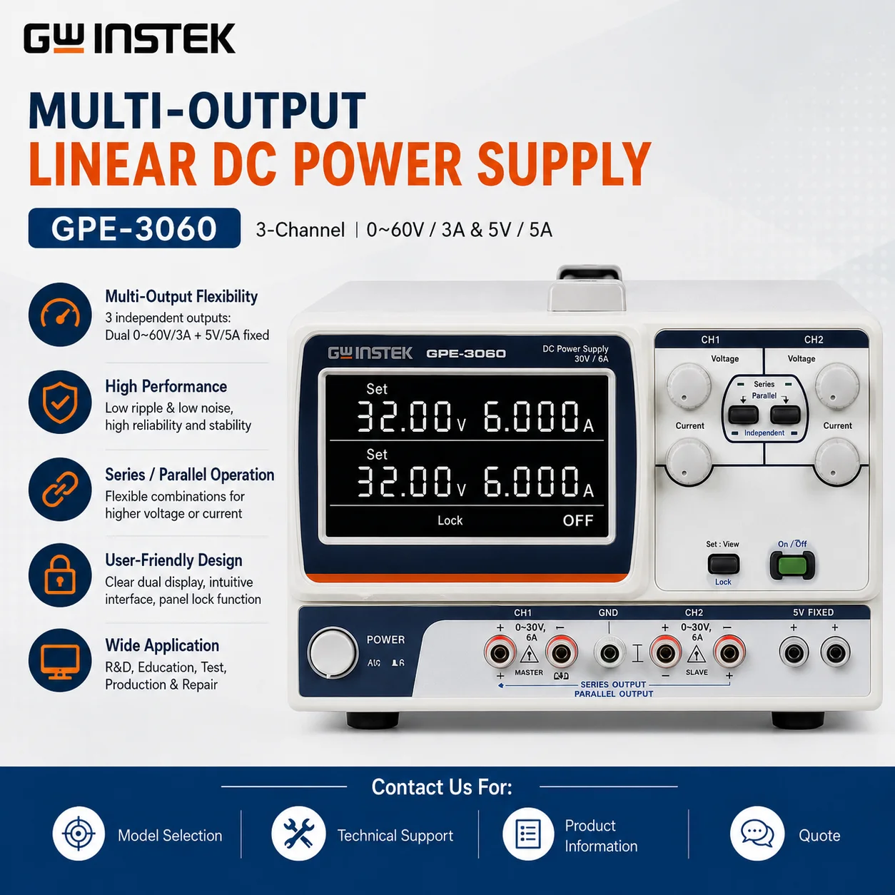 GWINSTEK GPE-1205 GPE4323A Programmable DC Power Supply Precision Linear Bench Power Supply for Electronic Testing