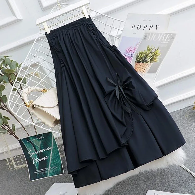 Spring Sweet Elegan Solid Color High Waist Bow Tie Streetwear Irregular Skirts New Temperament A-line Skirt Chic Long Skirts