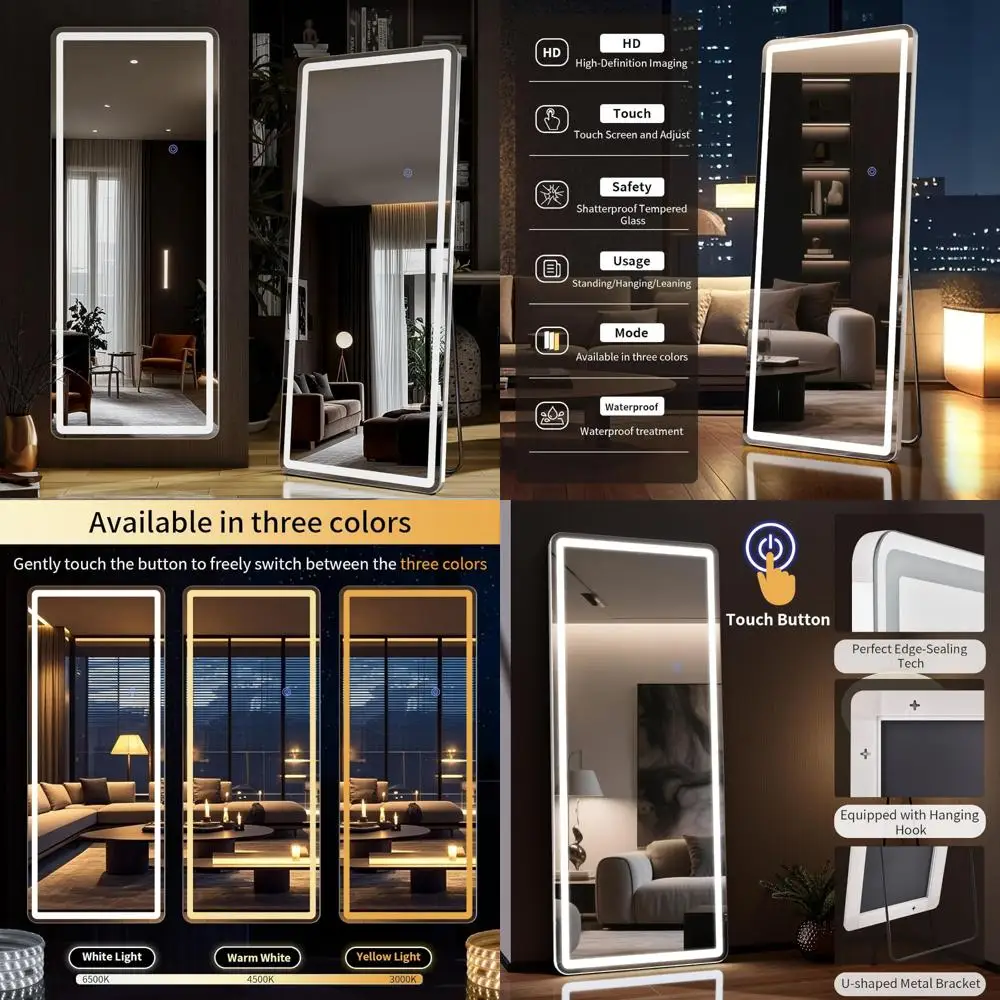 Espelho de chão de comprimento total iluminado por LED - Espelho de pé 56x21 com brilho ajustável e 3 modos de cor para parede ou chão