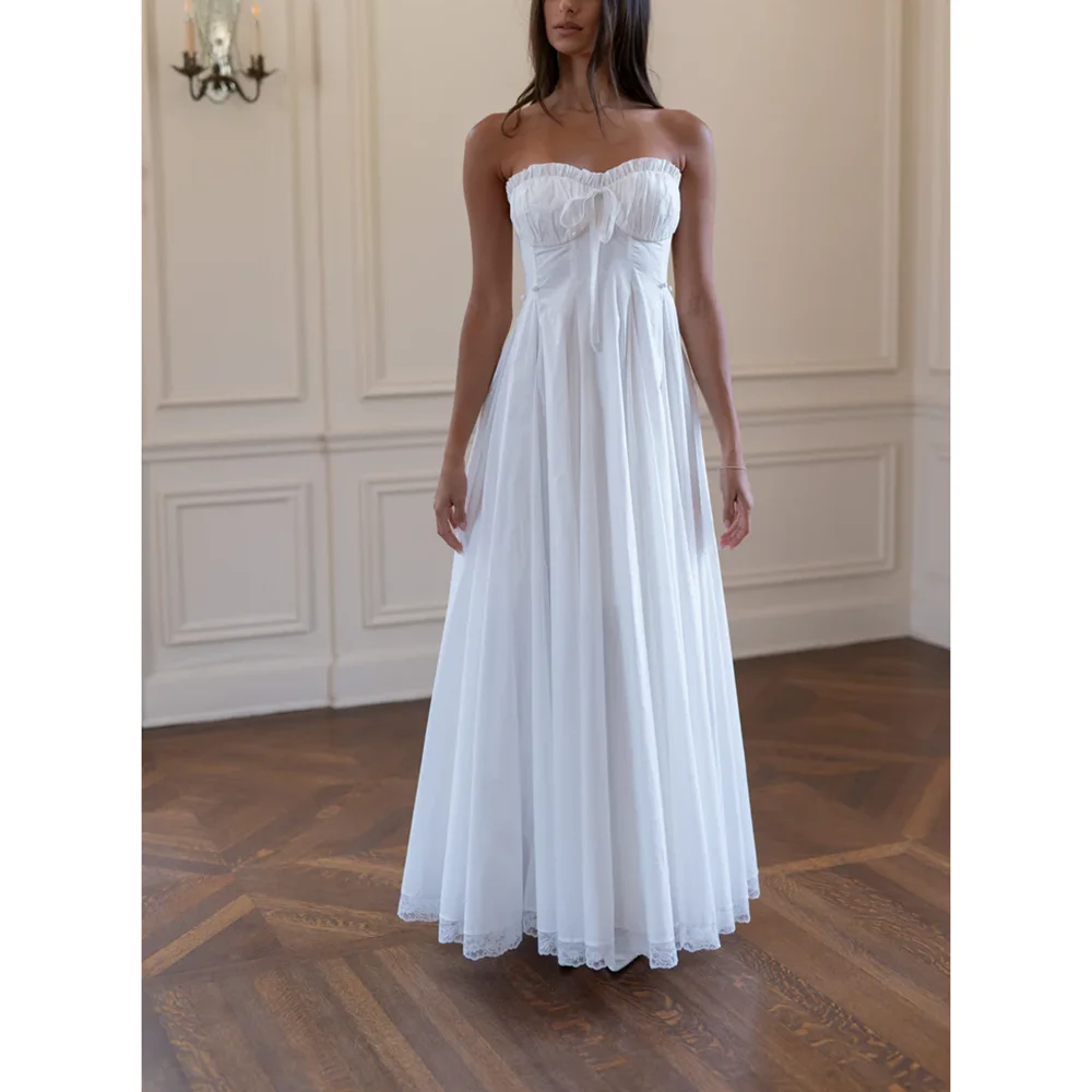 ใหม่แฟชั่นสีขาว Handmade จีบยาวชุดวันเกิดตัวแปร Strapless A-Line Graguation Gowns ที่กําหนดเอง