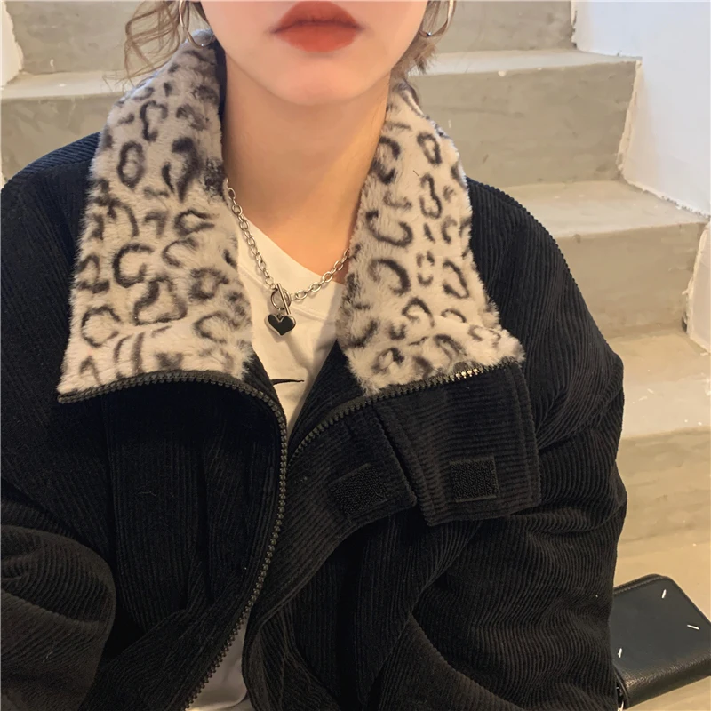 Cool Girl Coat New Winter Leopard Print Stitching Women\'s Coat Corduroy Warmth Loose Casual Women\'s Coat Elegant Tops Streetwear