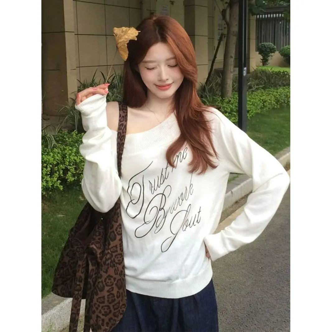 2026 Women Korean Loose Letter Print Soft Sweater Autumn Slim Fit Versatile Off‑shoulder Knitted Pullover Top