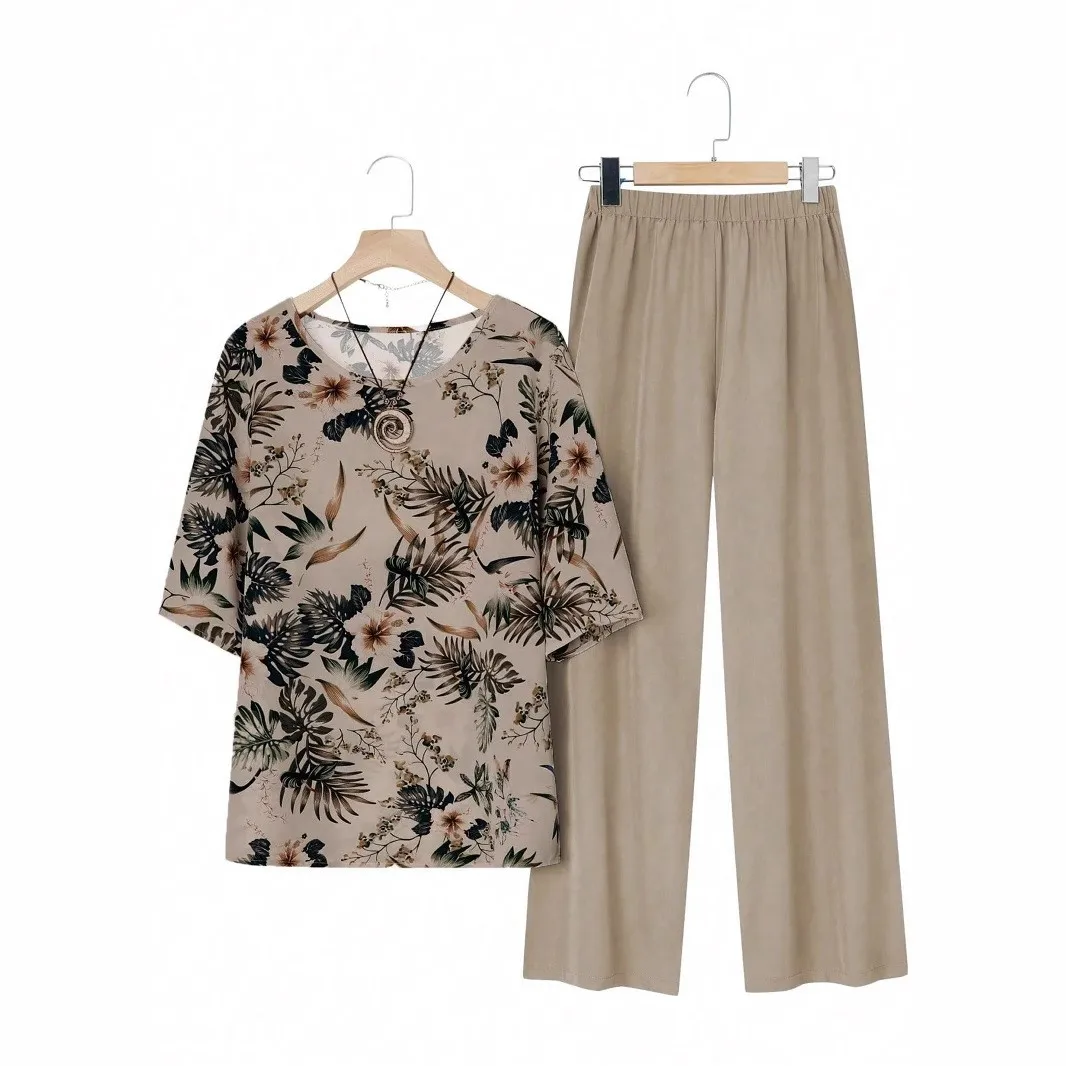Casual Printed Set Fresh and Sweet with Floral Pattern Full Length Regular Sleeve Long Pants Maxi Length Spring Set Women