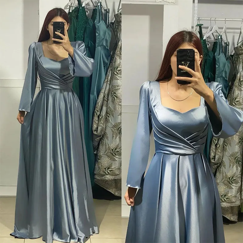 Elegant Muslim Evening Dresses A Line Square Neck Long Sleeves Dress Pleats Waist Special Occasion Formal Dresses for Women