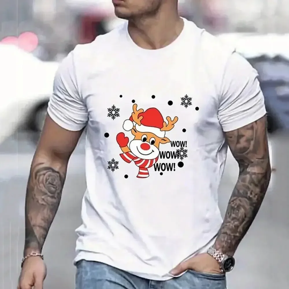 Men's T Shirt Cartoon Christmas Elk Printed Casual O-neck Short Sleeve Tops New Year Party X'mas Clothing Fashion Loose Men Tees