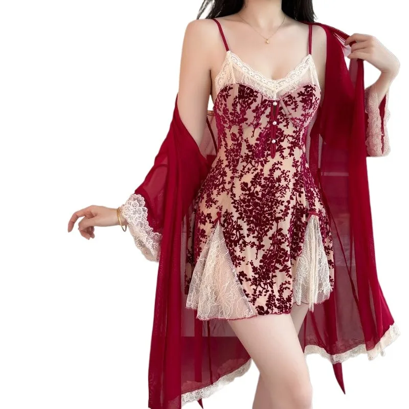 Beautiful Yarn Sweet Temptation Flocked Pajamas Deep V Suspender Nightdress with Chest Pad Sexy Backless Nightdress Robe Set