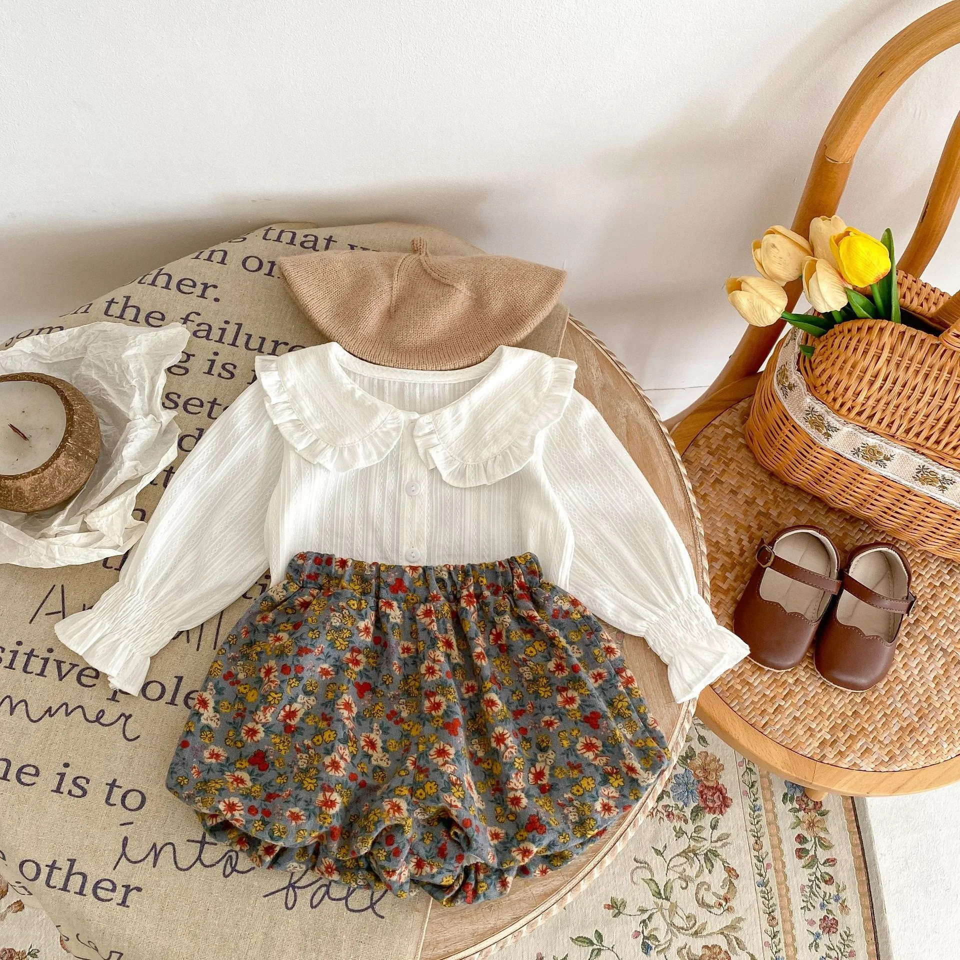 Autumn 2025 Children's Baby Shirt Cardigan Top Flower Bud Double Floral Trousers 2-Piece Set