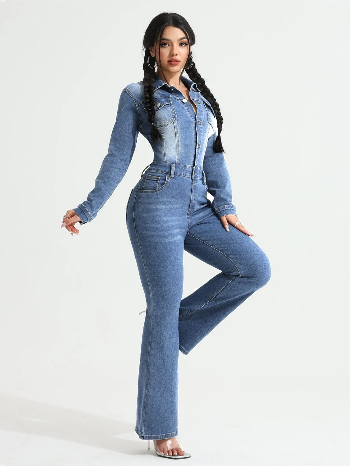 

Women's Denim Jumpsuit 2025 - High Waisted Slim Fit Flared Romper, Stretchy Bohemian Chic One Piece Jeans for Ladies