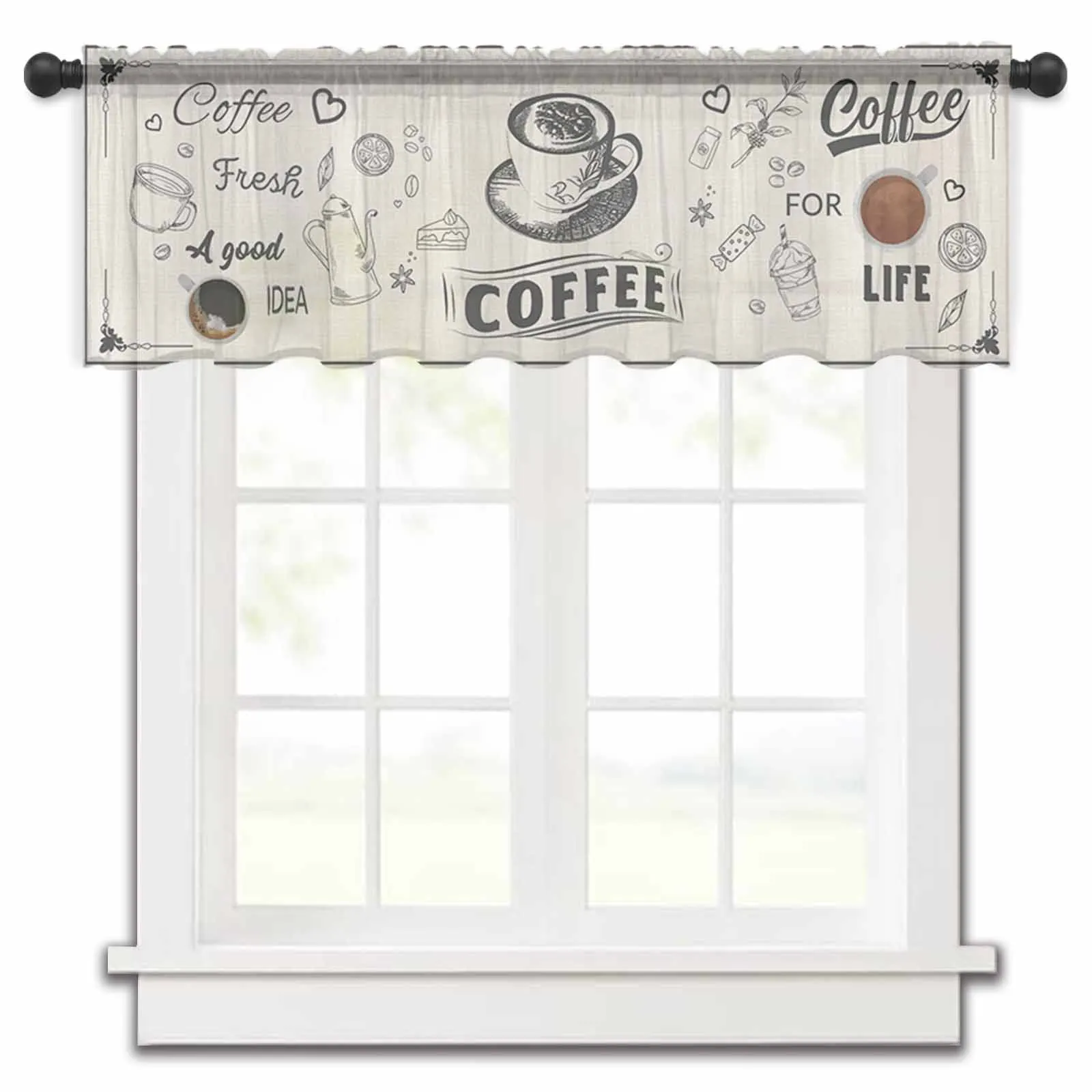 Coffee Text Coffee Bean Short Stroke Kitchen Sheer Curtains Tulle Short Curtain Bedroom Living Room Voile Drapes Home Decor