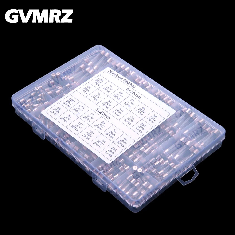 24Values 360PCS 5x20 6x30 Glass fuse kit 0.25A 0.5A 1A 2A 3A 4A 5A 8A 10A 12A 15A 20A 250V 6A 7A