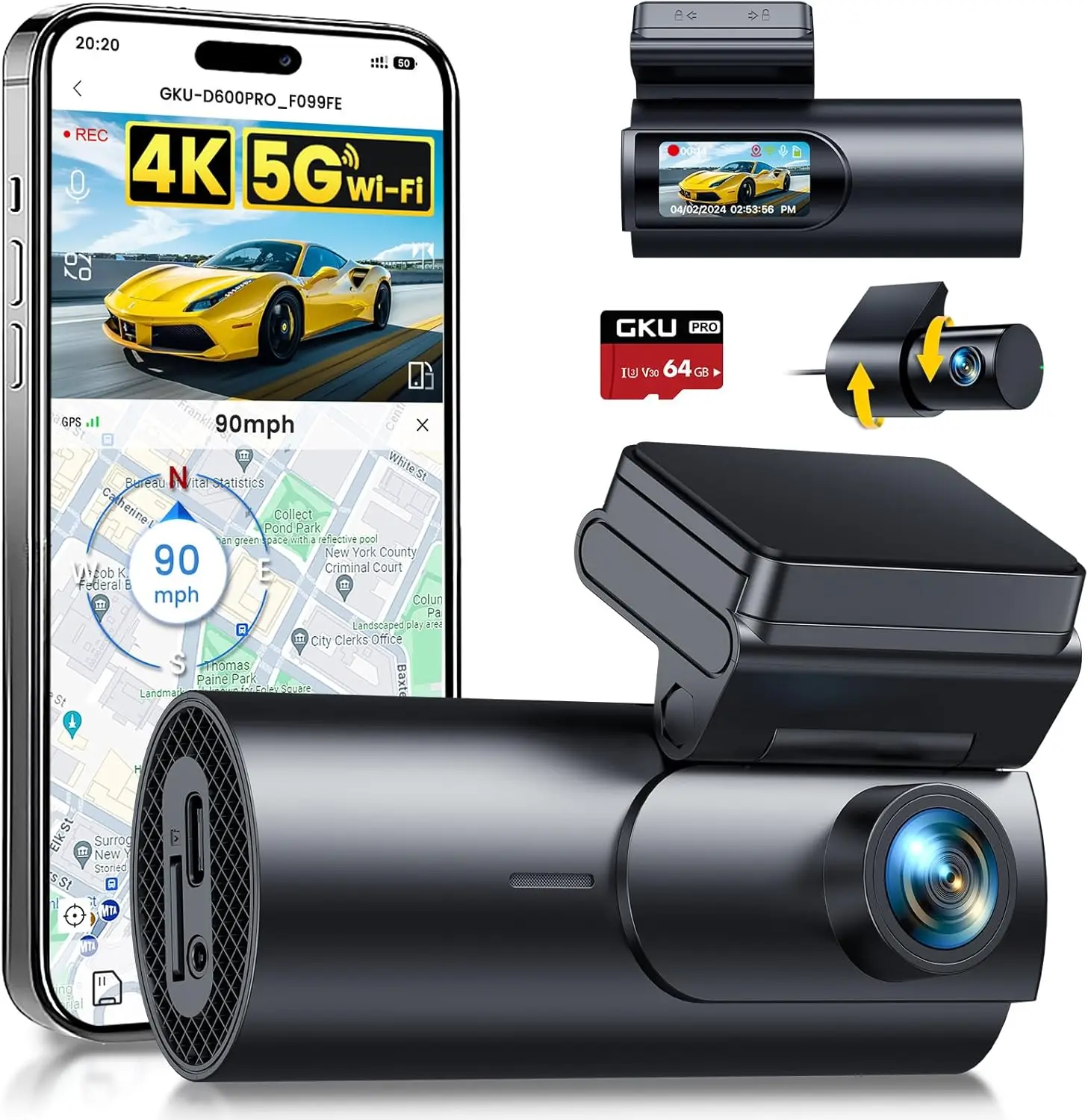 

4K+1080P Dual Dash Cam with WiFi GPS, 64GB Card, Parking Mode & Night Vision for Cars