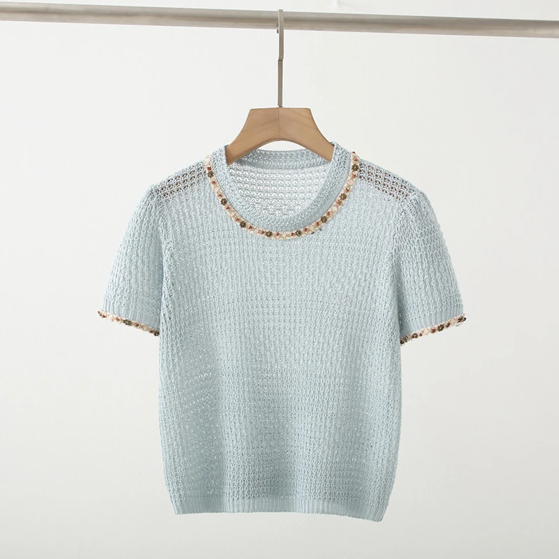 Summer 2025 Fashionable Hollow out Short Sleeve Knitted Top Women's Premium Quality Beaded Heavy Work Lightweight Inner Wear