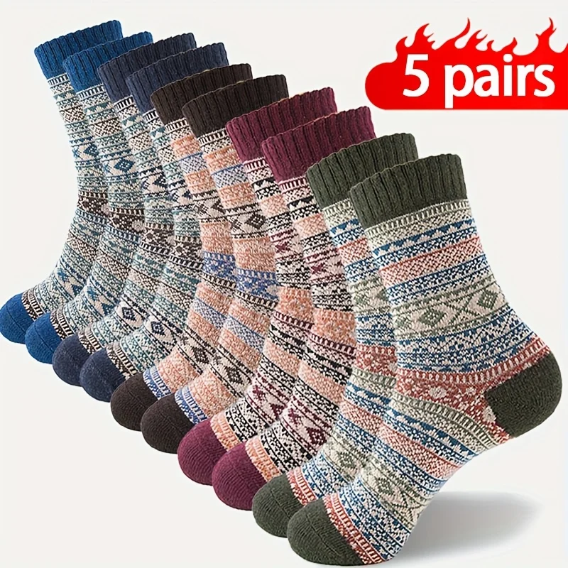 

Men's Striped Socks 5 Pairs Mid Tube Socks, Suitable for Snow Boots Casual Warm Outdoor Socks, Autumn and Winter
