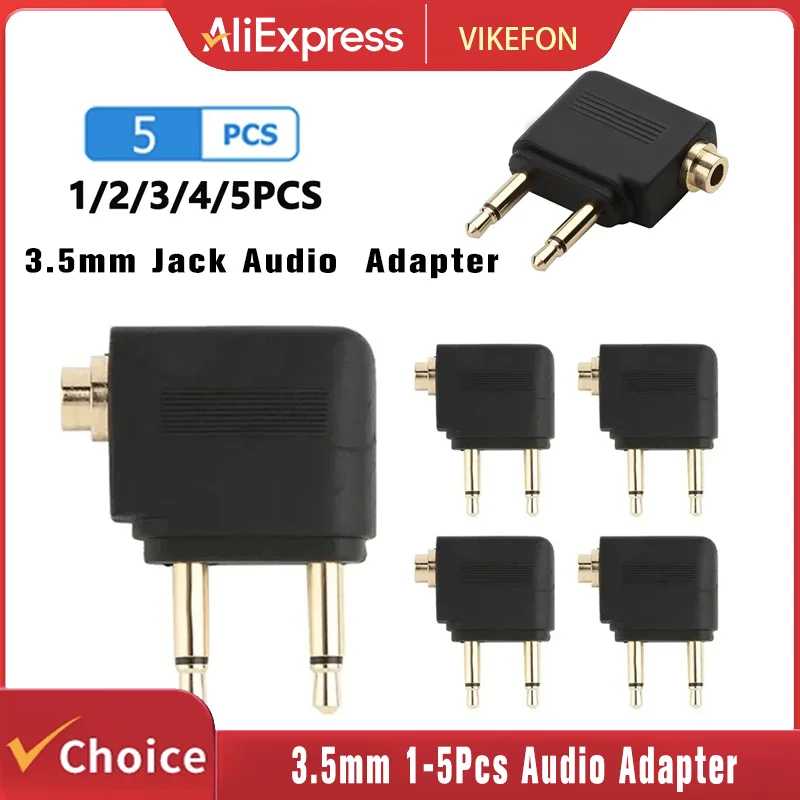 1-5pcs/Lot Dual 3.5mm Plug Adaptor Jack Audio Headphone Converter Adapter for Airline Airplane Travel Earphone Connector