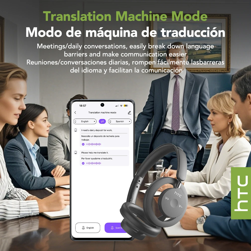HTC HP06 سماعة رأس بخاصية البلوتوث بلوتوث 6.0 ترجمة سماعات أذن قابلة للطي معلقة 135 لغة ، تطبيق سماعة الرأس ASMR
