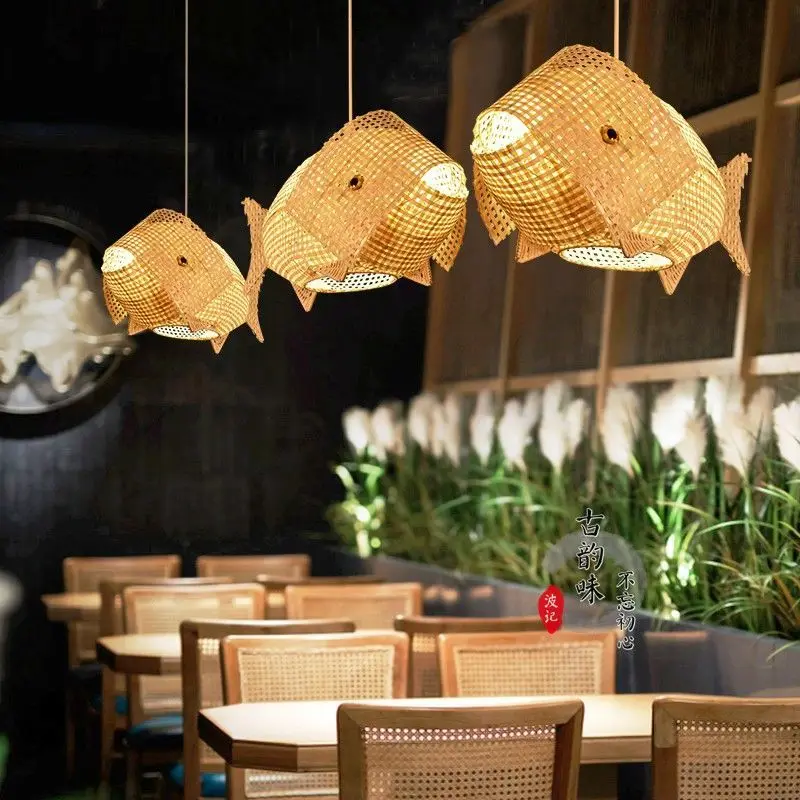 Bamboo rattan Fish chandelier carp lighting creative personality teahouse cooking restaurant room decor pendant lights nordic