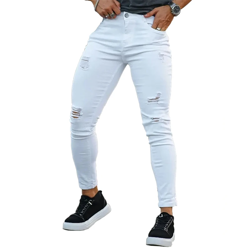 Pantalones vaqueros rasgados con logotipo personalizado para hombre, pantalones vaqueros ajustados, ropa de calle, moda, envío directo