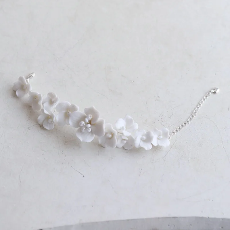 Snake Plant Ceramic - White Porcelain Flower Bridal Bracelet Handmade