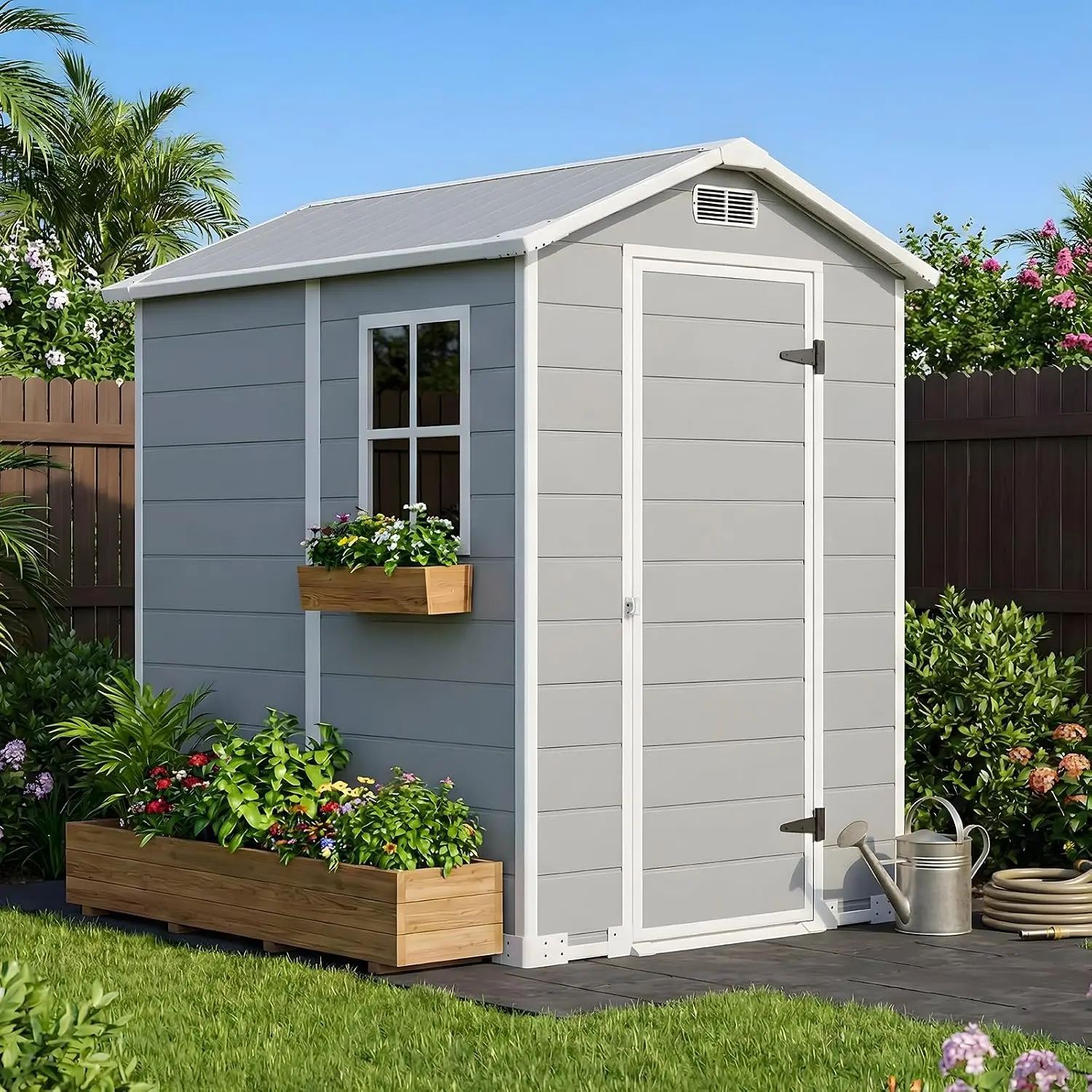 4x6 FT Outdoor Storage Shed with Floor, All-Weather Plastic Garden Tool Shed, Customized