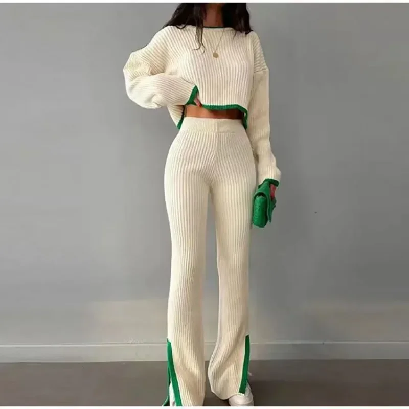 Autumn Winter 2 Pieces Women's Oufit Sets Knitted Tracksuit O-Neck Sweater and Wide Leg Jogging Pants Female Suits