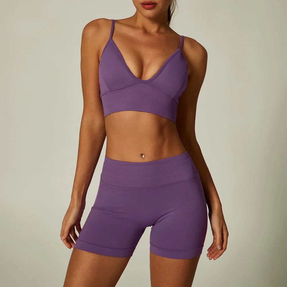Seamless Yoga Set Strappy Sports Bra V Back Waist Running Shorts 2 Pieces Set Gym Clothes Woman Sportswear Fitness Outfits