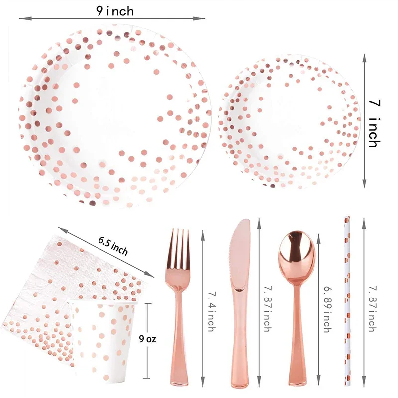 Rose Gold Party Tableware Kit Table Cloth Knife Fork Spoon Paper Cup Plate Straws Baby Shower Wedding Birthday Party Decorations