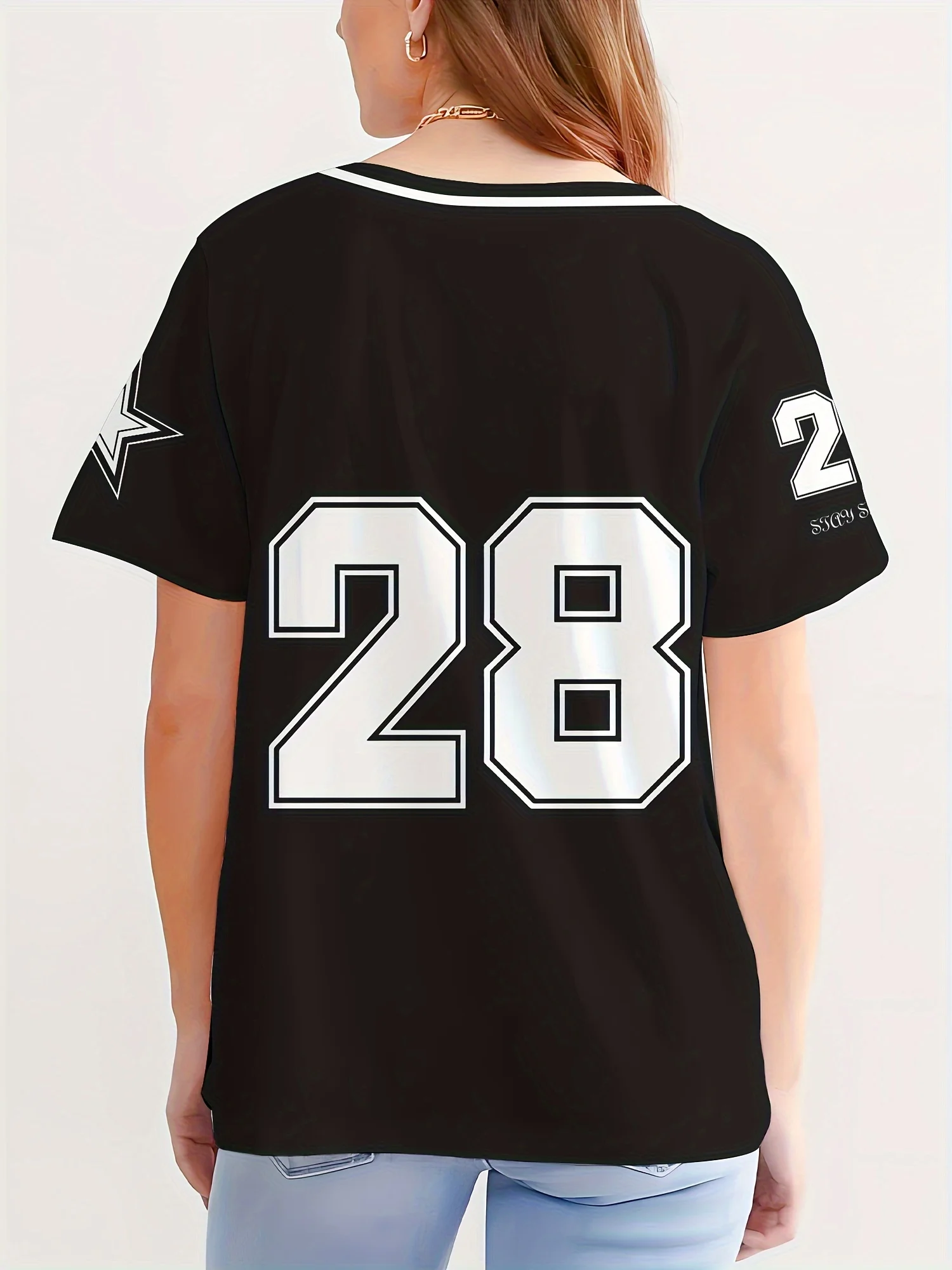 الصيف المرأة قصيرة الأكمام تي شيرت برقبة على شكل v تنفس 28 ياردة ستار الديكور نمط مريح وعصري وغير رسمي #3