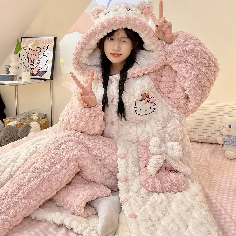 

Hello Kittys Hooded Thickened Nightgown Hot Style Women's Pajamas Warm Winter Three-Layer Quilted Sweet Cutehome Clothes Outside