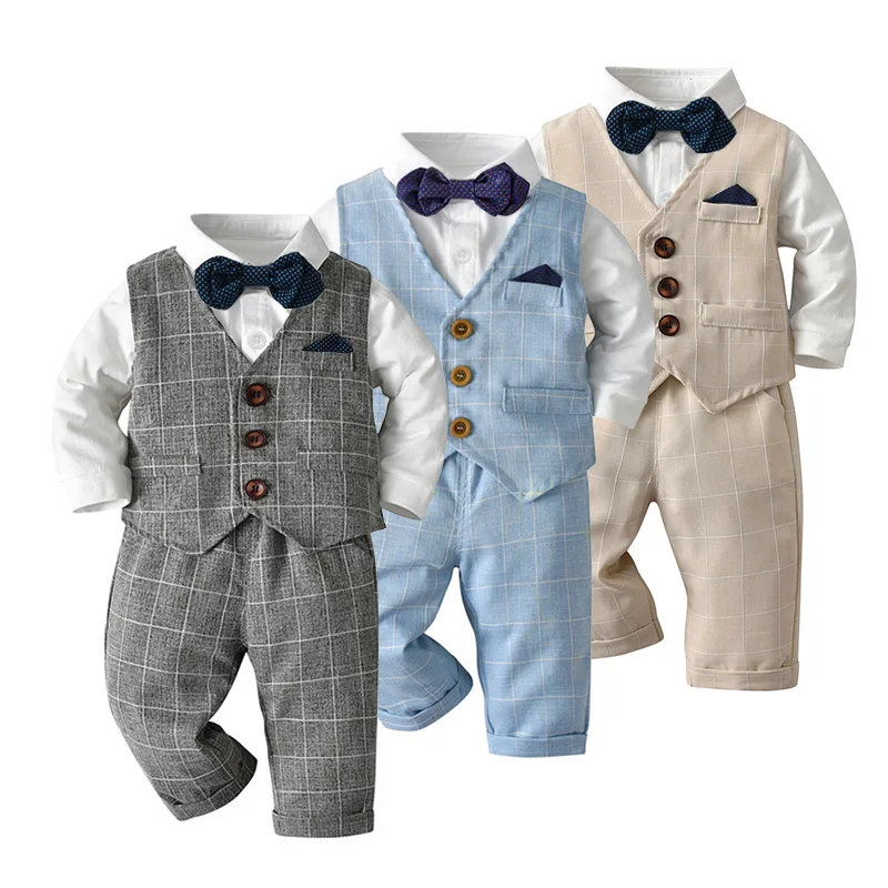 Toddler Boys Gentleman 3pcs Suit Plaid Vest Shirt Pants Set Bowtie British Formal Outfit Birthday Wedding Party Ceremony Costume