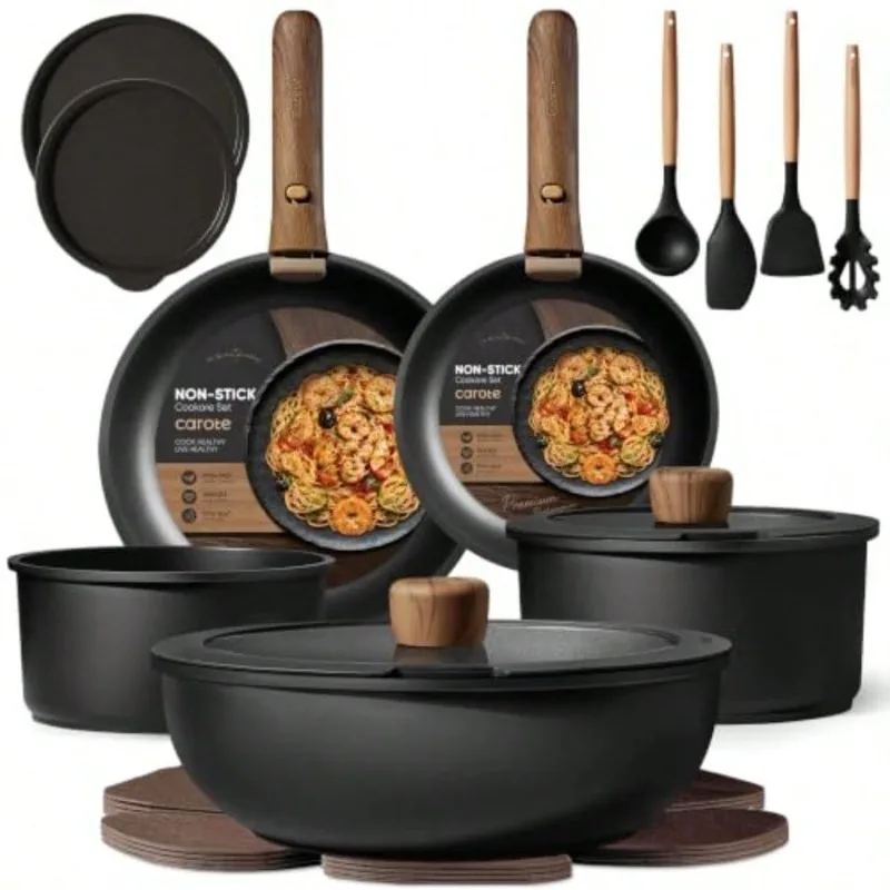 19pcs Pots And Pans Set Non Stick, Detachable Handle Cookware Set Induction Compatible, Dishwasher And Oven , Space Saving, For Camping/RV/Traveling, Kitchen Cooking Set, Black