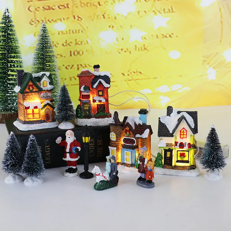 LED Resin Christmas Village Ornaments Set Figurines Decoration Santa Claus Pine Needles Snow View House Holiday Gift Home Decor