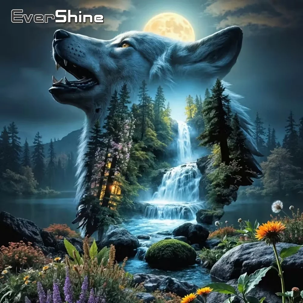 Evershine Waterfall DIY Diamond Mosaic Landscape Painting Wolf Suitable for Beginners Embroidery Dog Craft Kit Handmade Hobby