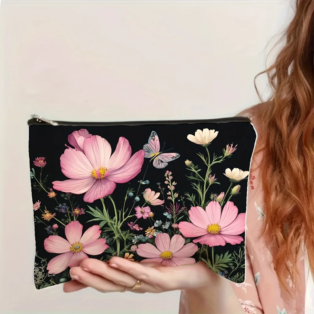 Un sac de maquillage à motifs floraux - pochette multifonctionnelle à fermeture éclair, sac de rangement de bijoux, petit sac de rangement à fermeture éclair de voyage parfait.