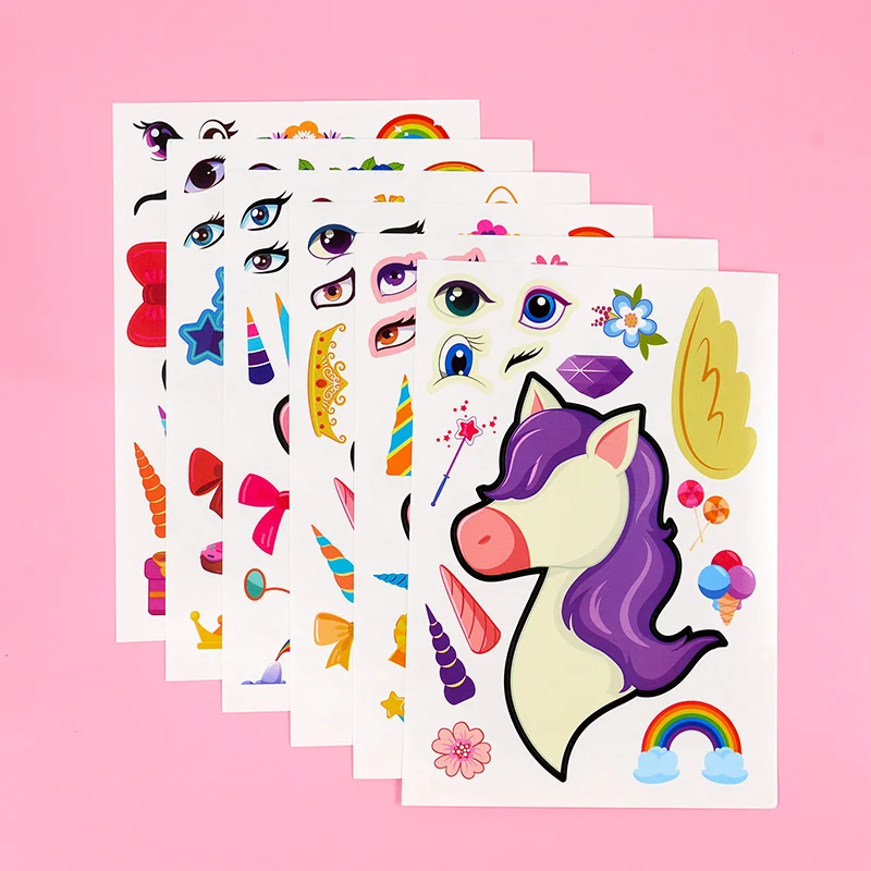 12Sheets Children DIY Puzzle Sticker Cute Unicorn Cartoon Face Funny Assemble Stickers Kids Toys Boys Girls Gifts