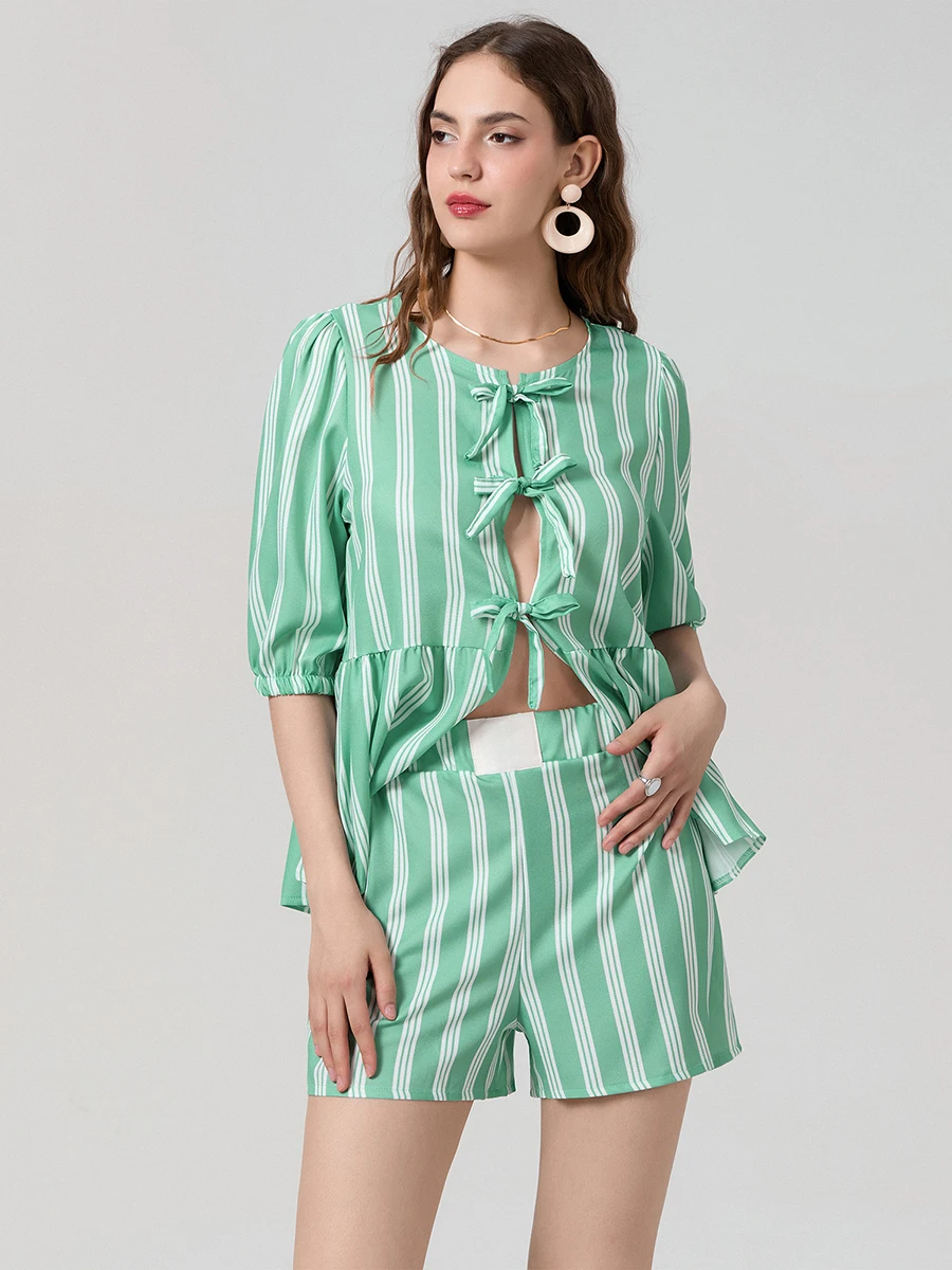 Women ​Y2K Gingham Outfits Casual Plaid Tie Front Puff Sleeve Shirts with Elastic Shorts Loose Fit Going Out Shorts Set