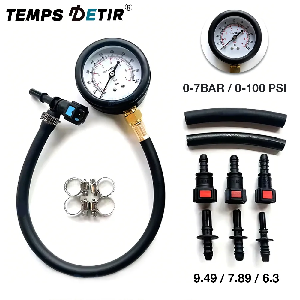 

Комплект для проверки давления топлива, манометр 0-100 фунтов на кв. дюйм/0-7 бар, тестер давления топливного насоса высокого давления, интерфейс 6,3/7,89/9,49, подходит для автомобилей, мотоциклов и грузовиков.