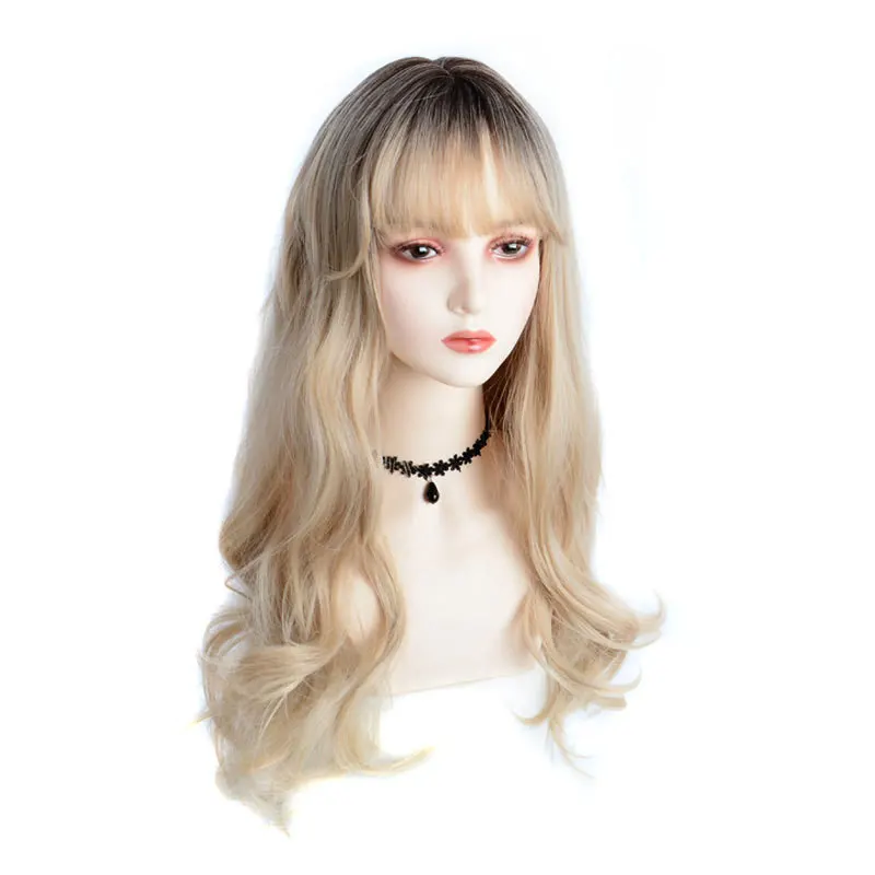 Wigs Golden Big Wave Wig for Women, European and American Style, High-Temperature Fiber, Long Curly Hair with Air Bangs, Full He