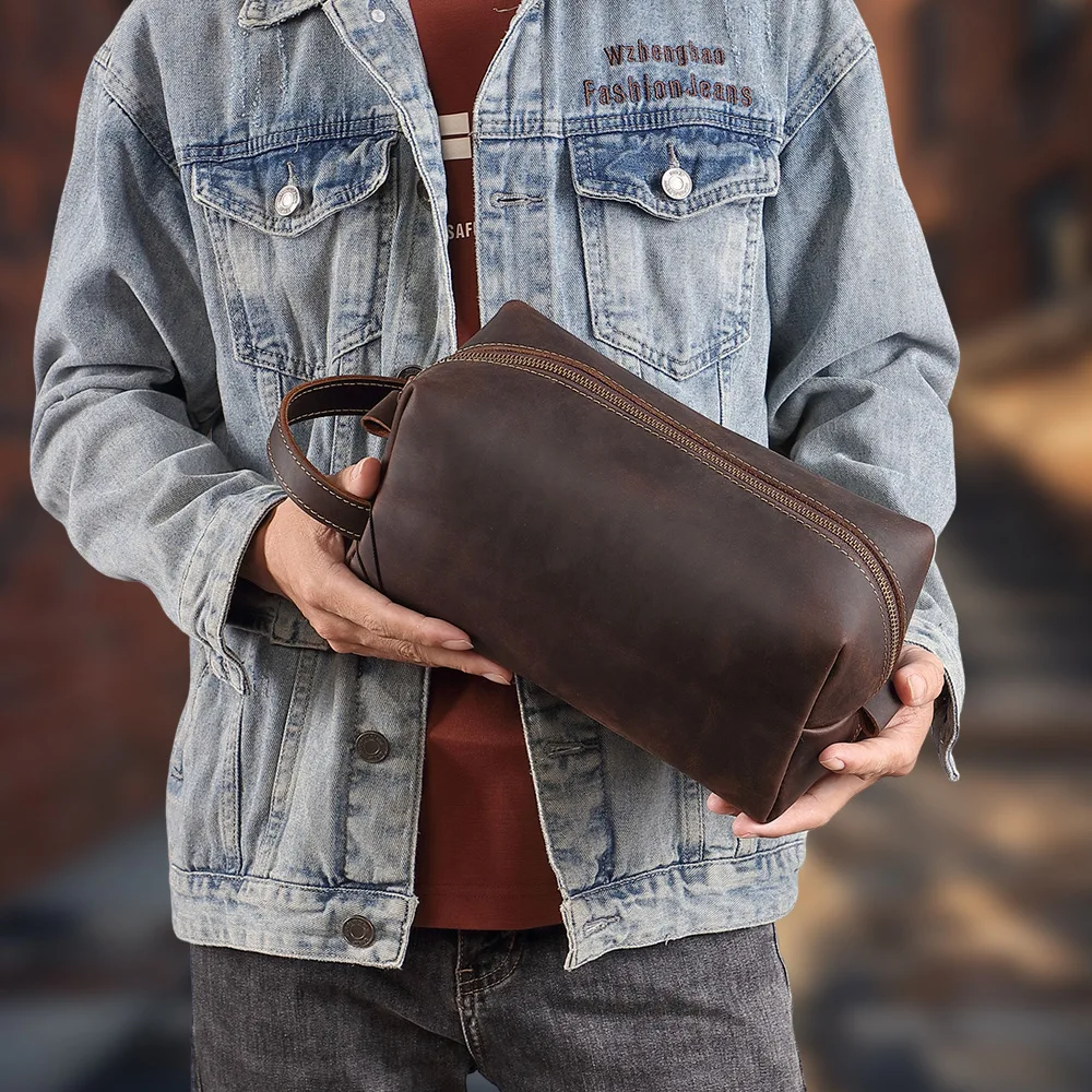 Top-grain cowhide, crazy horse leather toiletry bag, retro genuine leather, large-capacity travel makeup bag for men and women