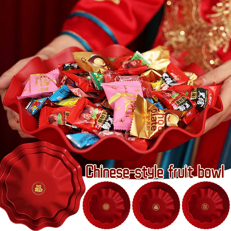 Chinese Wedding Serving Plates Fruit Plate Candy Trays Home Decor Red Plastic Round Food Containers Snack Dishes Bowls S/M/L