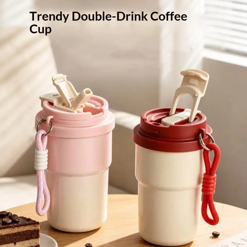 Dual Drink 24H Cold Retention Stainless Steel Coffee Tumbler Portable Lanyard for Commute Work Driving Use