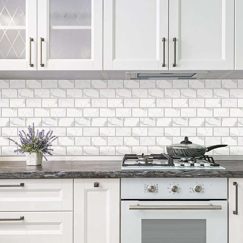 バックスプラッシュ タイル 12 シート 剥がして貼るだけのバックスプラッシュ タイル、フェイクホワイト大理石風 PVC スティック