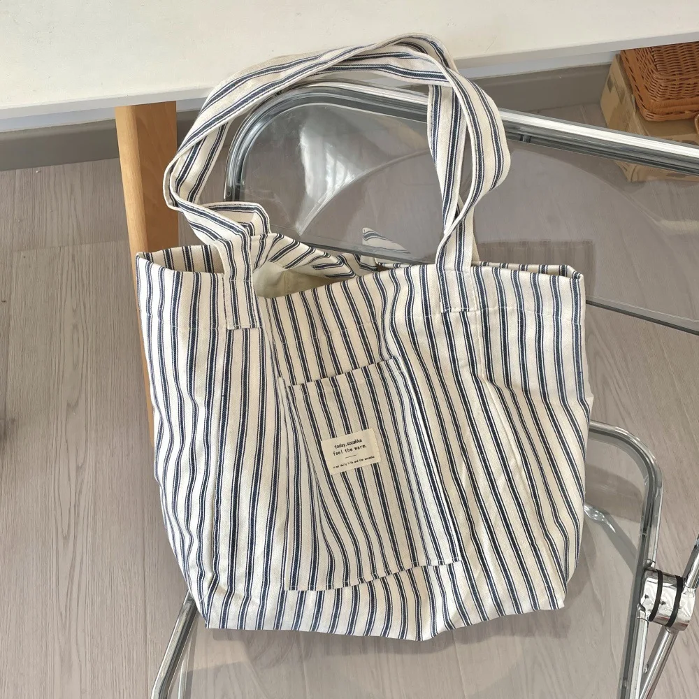 Vintage Gestreifte Damen Umhängetaschen Große Kapazität Weibliche Wiederverwendbare Einkaufstasche Leinwand Schule Mädchen Buch Tote Handtaschen – Detail 4