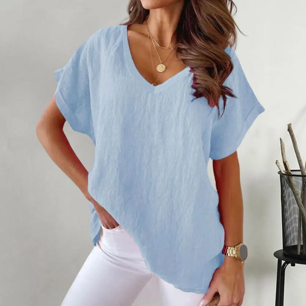 Women Summer T-shirt Short Sleeve V-neck Solid Color Loose Casual Pullover Batwing Sleeves Women Top Female Clothes