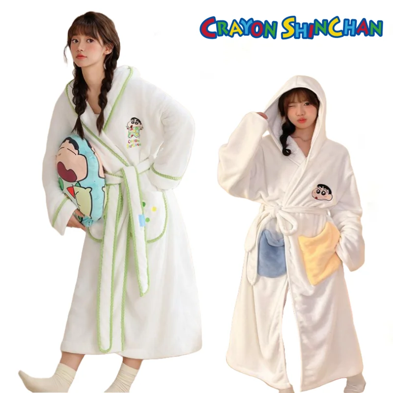 Crayon Boy Shin C-Chan Hooded Plush Cartoon Dressing Gown Cute Tethered Waistband Bathrobe Couple Pajamas Holiday Gift Quick-dry