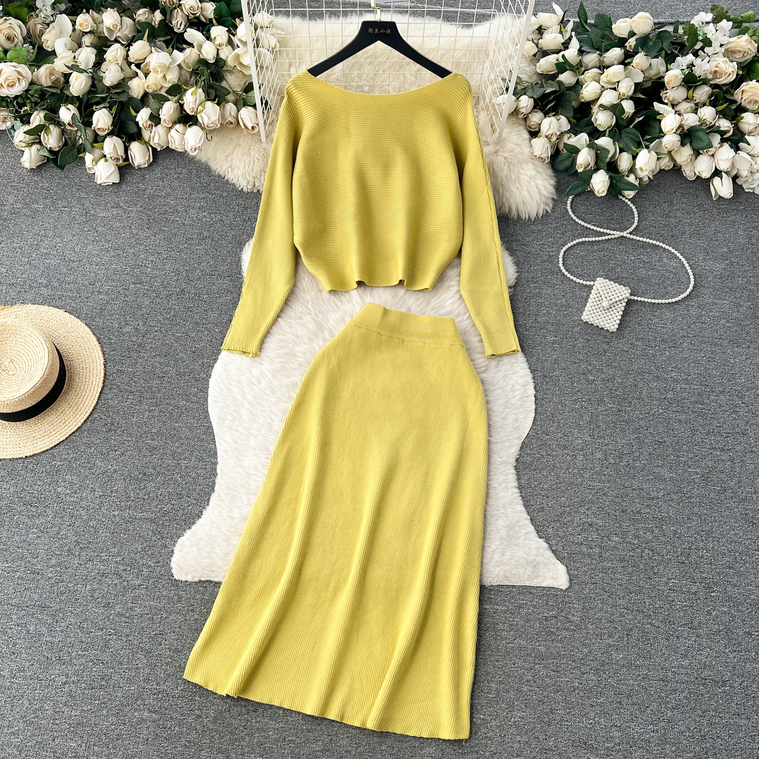 Women Vintage Knit Two Pieces Skirt Sets Women Loose Long Sleeve Blouse with High Waist Hip Wrap Full Skirt