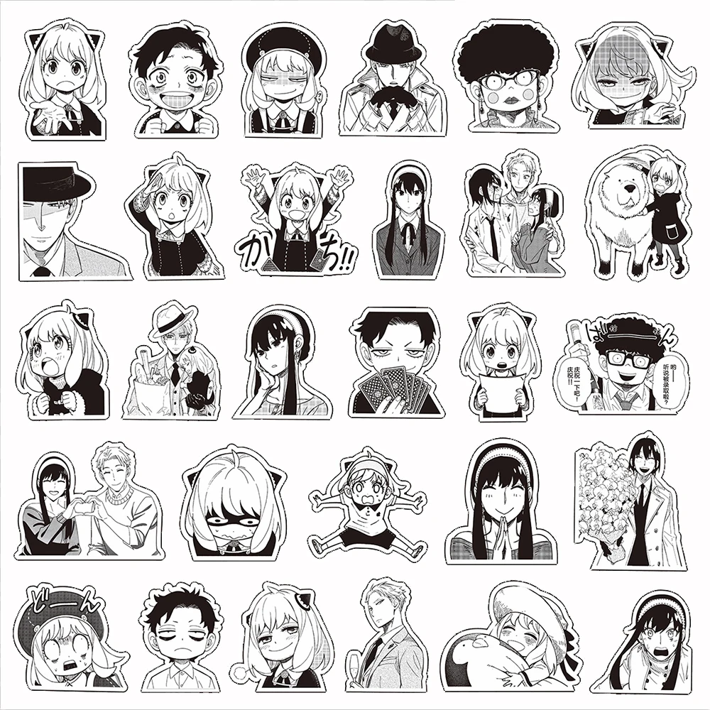 10/35/70pcs Kawaii Anya Spy×Family Stickers Black And White Anime Sticker Car Laptop Skateboard Scrapbooking Yor Forger Decals